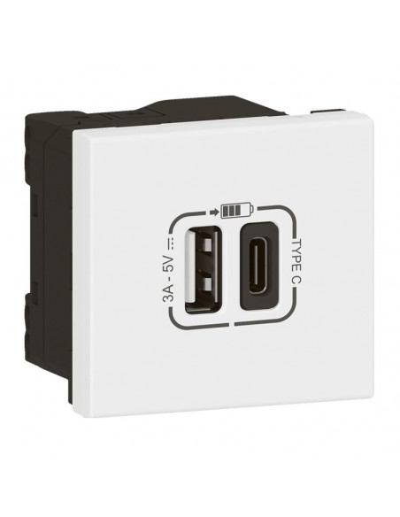 Chargeur USB Type-A + USB Type-C 3A 15W Mosaic Link 230V 2 modules blanc LEGRAND 077570L