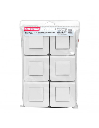 Lot de 6 interrupteurs ou va-et-vient Mosaic 10A blanc complet avec plaque LEGRAND 200082