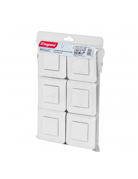 Lot de 6 interrupteurs ou va-et-vient Mosaic 10A blanc complet avec plaque LEGRAND 200082