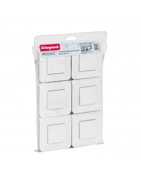 Lot de 6 interrupteurs ou va-et-vient Mosaic 10A blanc complet avec plaque LEGRAND 200082