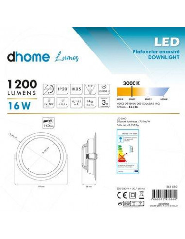 LUMOS ENCAS. D165 3000K IP20 Dhome EPDL60 16W 3000K