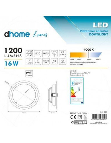LUMOS ENCAS. D165 4000K IP20 Dhome EPDL60 16W 4000K