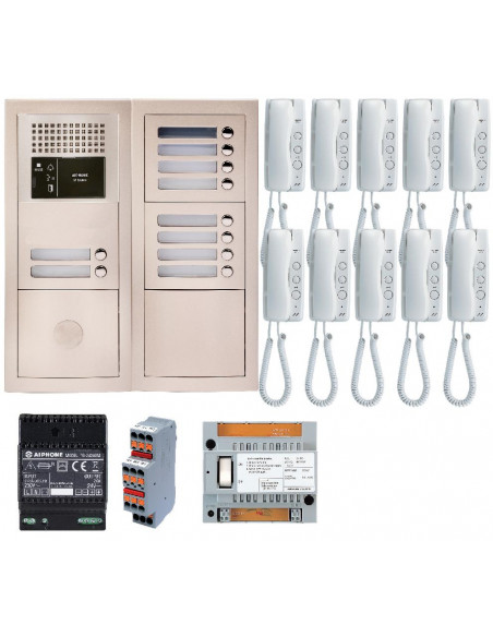 Pack audio bus 10 BP encastré avec module pour T25/VIGIK centrale 10 postes GT1D alim sans transfo gâche AIPHONE 200381